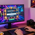 pengguna nagahitam303 login untuk bermain slot online dengan suasana ceria dan layar laptop menampilkan grafis permainan menarik