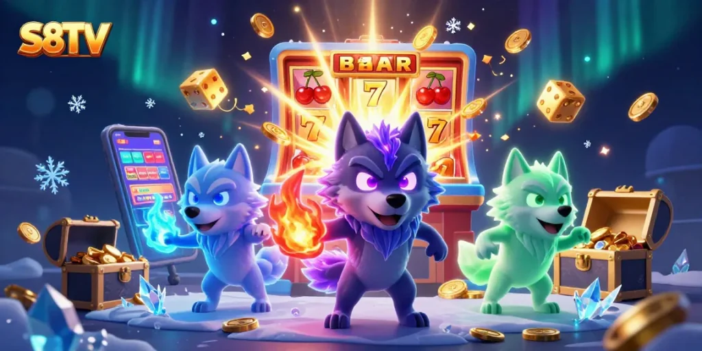 S8TV sports betting triumph with glowing wolf pack, jackpot excitement, and immersive casino action