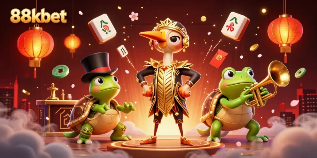 Experience thrilling gaming action with 88kbet's vibrant illustration featuring a lively casino scene.