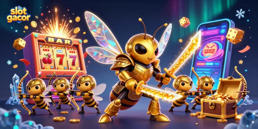 Experience slot gacor action with a samurai hornet and bee archers amidst dynamic slot machine excitement.