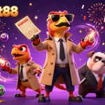 Bolaslot88 raptors in a trench coat attempting VIP casino access, vibrant lottery elements surrounding them.