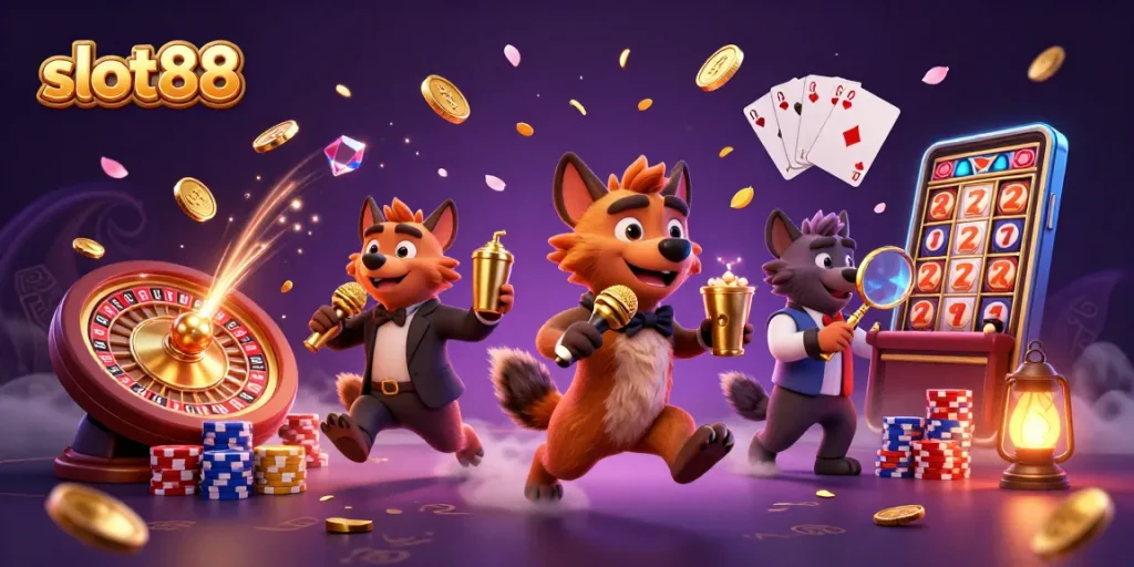 Experience the excitement of slot88 with this vibrant 3D illustration featuring hyenas and casino action.