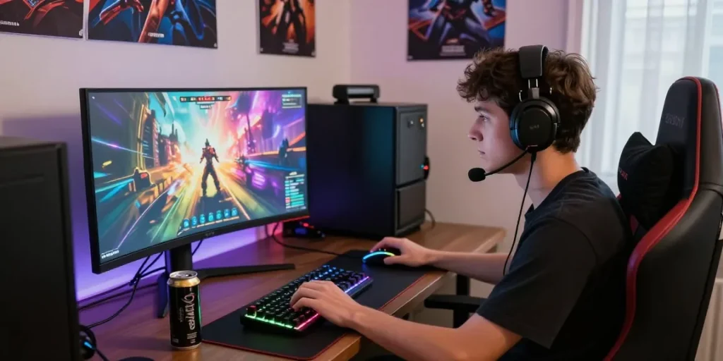 Gamer bermain ligagalaxy di ruang permainan modern dengan pencahayaan RGB.