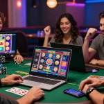 Friends enjoying a slot gacor game on a laptop with poker chips and cards.