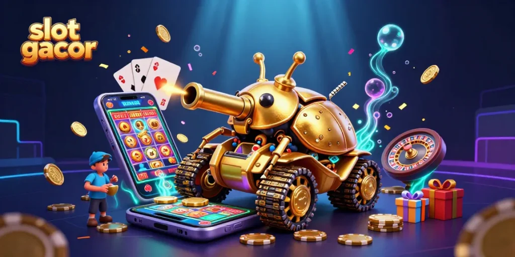 Experience slot gacor excitement with a golden beetle tank and vibrant casino atmosphere.