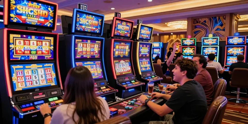Players experiencing the excitement of situs slot games in a lively casino environment.