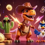 Engage with mpofafa login at this dynamic casino-themed illustration featuring vibrant cartoon characters and crypto elements.