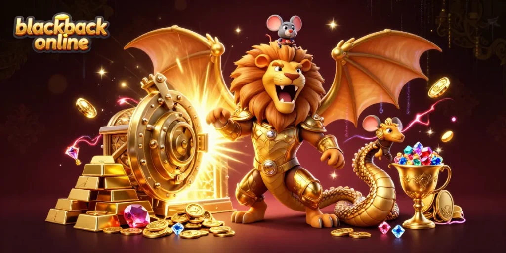 Engage in blackjack online with a vibrant scene showcasing a triumphant chimera, gold, and gems.