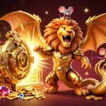 Engage in blackjack online with a vibrant scene showcasing a triumphant chimera, gold, and gems.