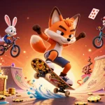 Score808 showcases thrilling action with a skateboarder fox and BMX rabbit in a vibrant casino-themed scene.