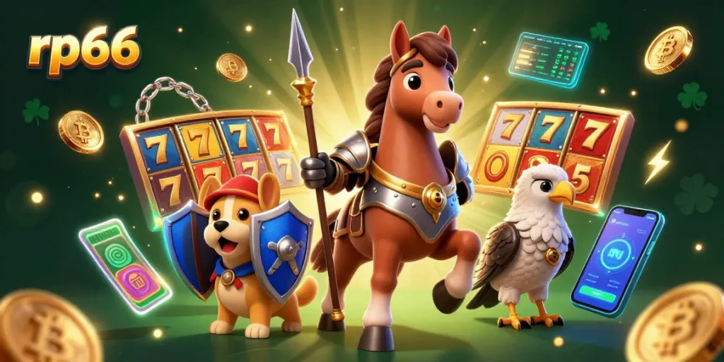 Experience excitement at rp66 with slot reels and cryptocurrency coins in a vibrant casino setting.