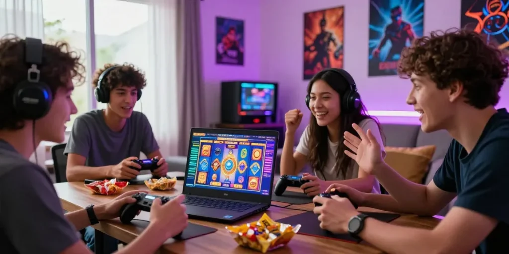 Friends enthusiastically strategizing for situs slot games in a lively gaming room, with neon lights and colorful graphics.