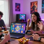Friends enthusiastically strategizing for situs slot games in a lively gaming room, with neon lights and colorful graphics.