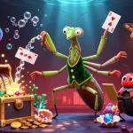 Experience thrilling slot action with a giant mantis and colorful casino elements in this vibrant illustration.
