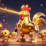 Engage in thrilling action at Jun88 with a retro-futuristic rooster robot and dynamic chick drones.