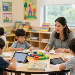Dynamic classroom scene showcasing diverse children engaging in a hands-on learning activity exploring link slot concepts with educational tools.