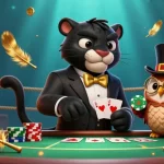 Engage with exciting gameplay on UGSLOT featuring a stylish panther elegantly dealing cards amid golden coins.