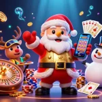 Experience the thrill of jackpots with 18hoki in a vibrant casino scene featuring Santa and friends.