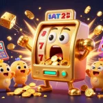 Slot200 menampilkan mesin slot emas 3D yang terkejut saat jackpot, dikelilingi simbol permainan.
