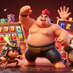 Slot gacor menarik perhatian dengan karakter sumo, jangkrik, dan tanuki di kasino.