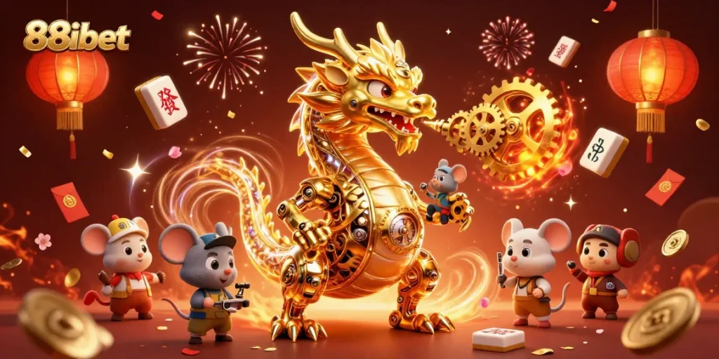Engage in thrilling gameplay at 88ibet with a stunning golden dragon amidst casino elements.