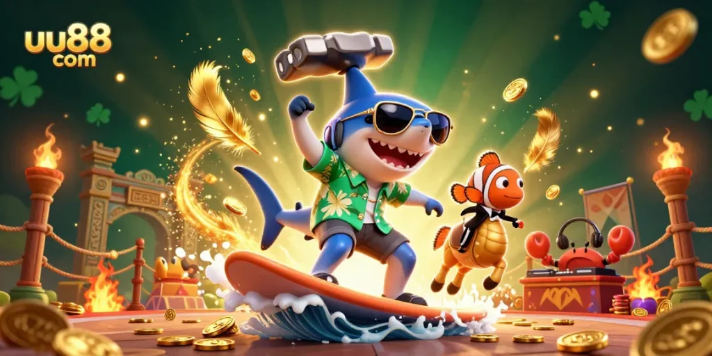 Experience the excitement at uu88 com with a dynamic 3D casino illustration featuring vibrant characters and gambling elements.