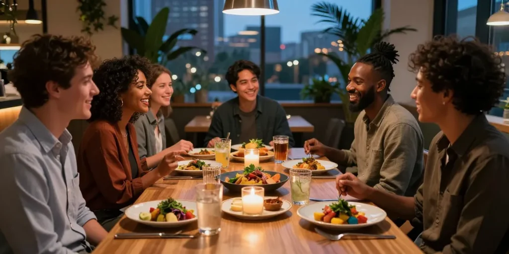 Sydney303 dining experience at TrestleOnTenth with friends savoring gourmet dishes in a cozy atmosphere.