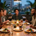 Sydney303 dining experience at TrestleOnTenth with friends savoring gourmet dishes in a cozy atmosphere.